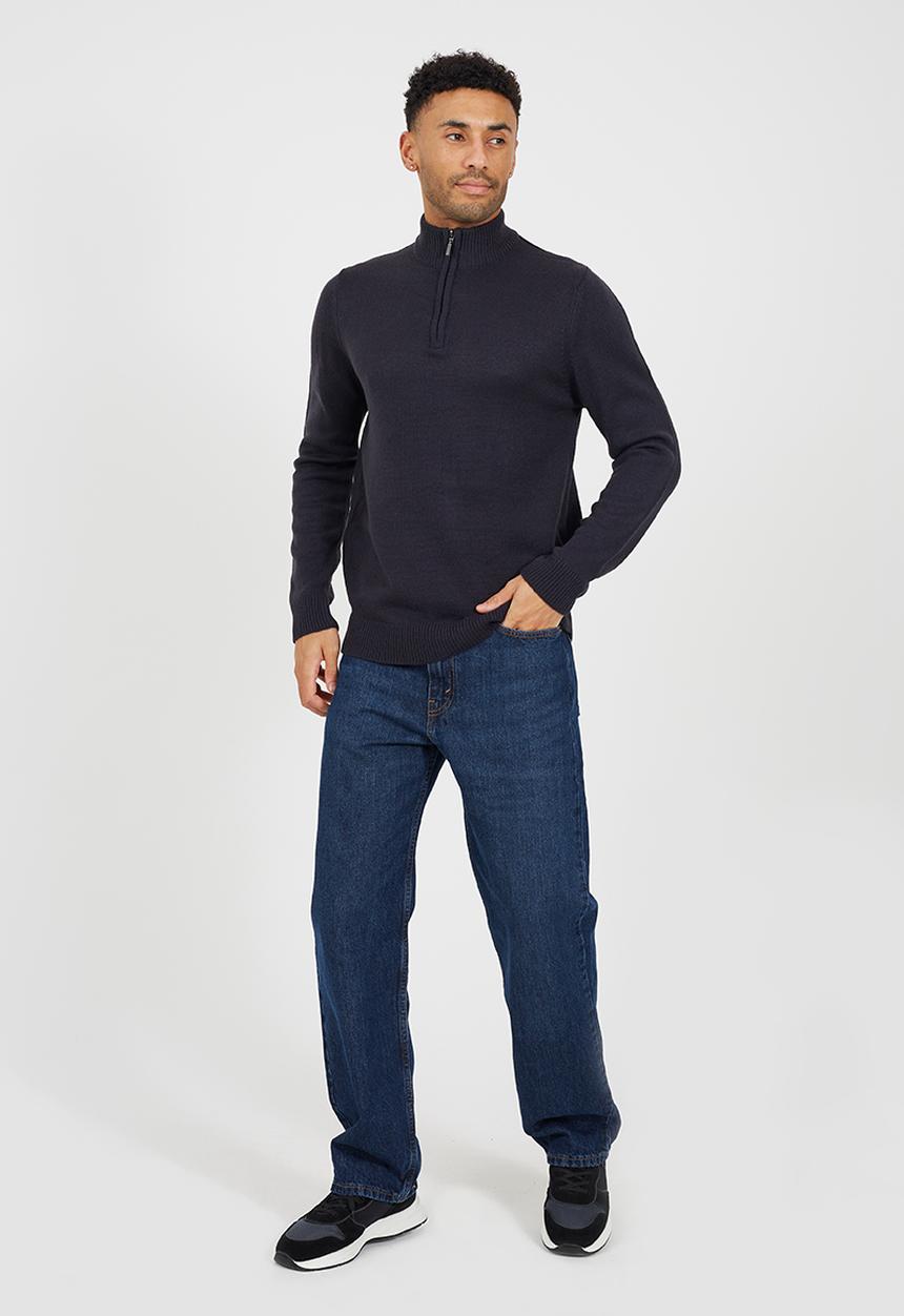 Brave Soul - Quarter Zip Funnel Neck Sweater - Midnight Navy 