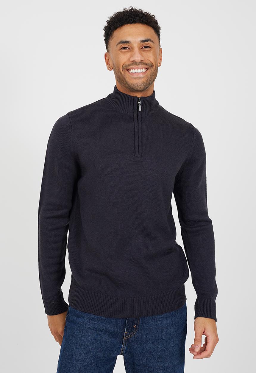 Brave Soul - Quarter Zip Funnel Neck Sweater - Midnight Navy 