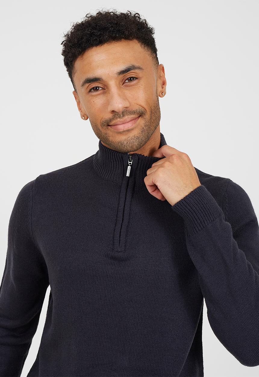 Brave Soul - Quarter Zip Funnel Neck Sweater - Midnight Navy 