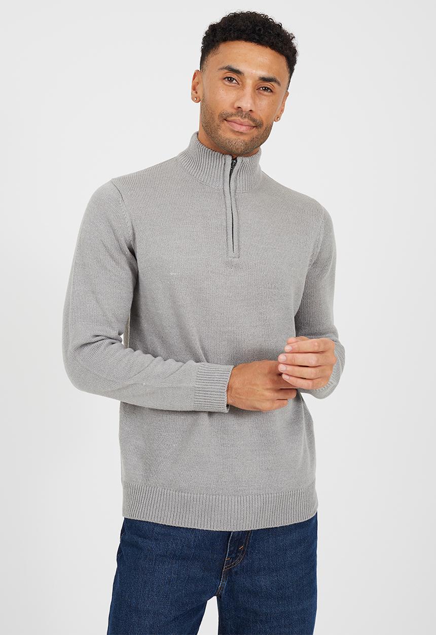 Brave Soul - Quarter Zip Funnel Neck Sweater - Silver Grey Marl 