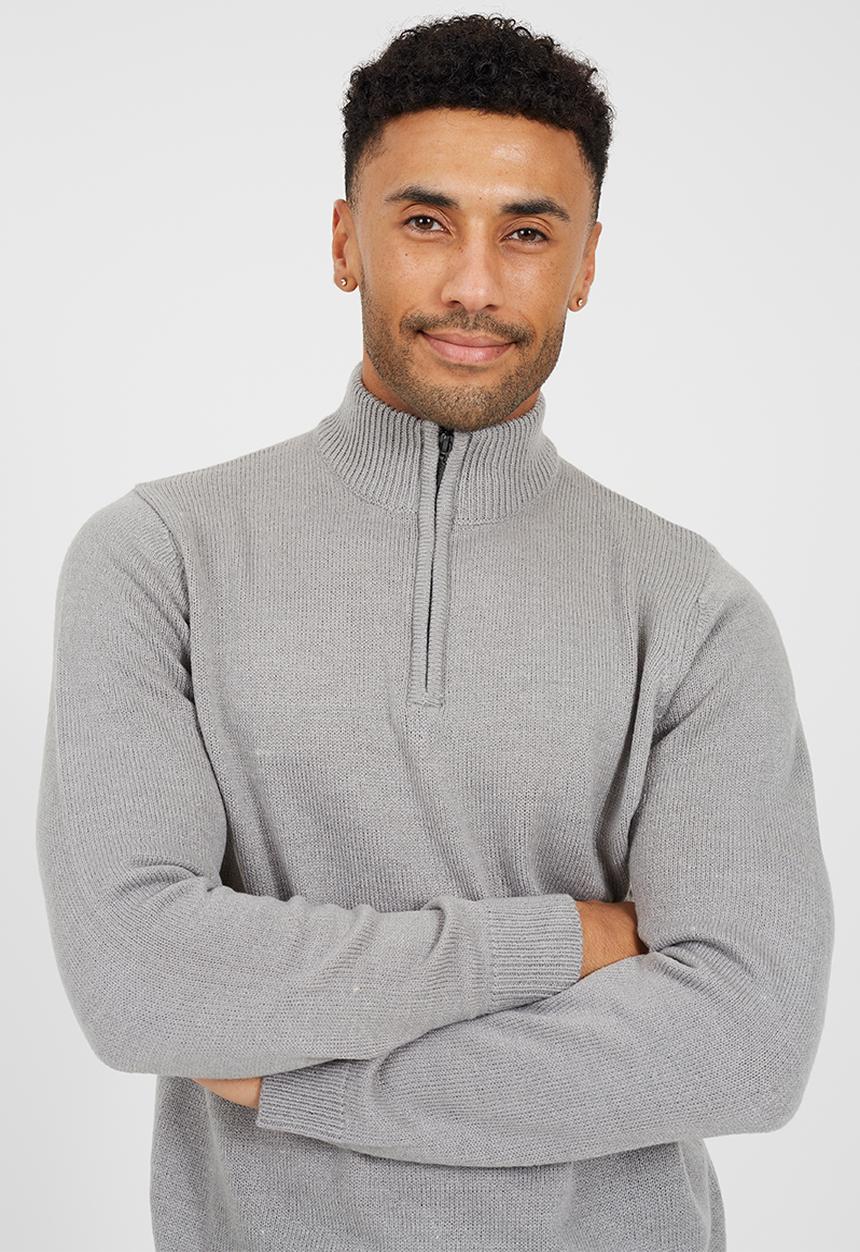 Brave Soul - Quarter Zip Funnel Neck Sweater - Silver Grey Marl 