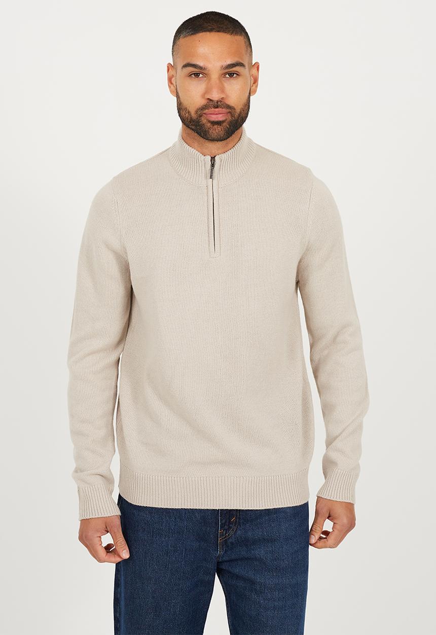 Brave Soul - Quarter Zip Funnel Neck Sweater - Stone