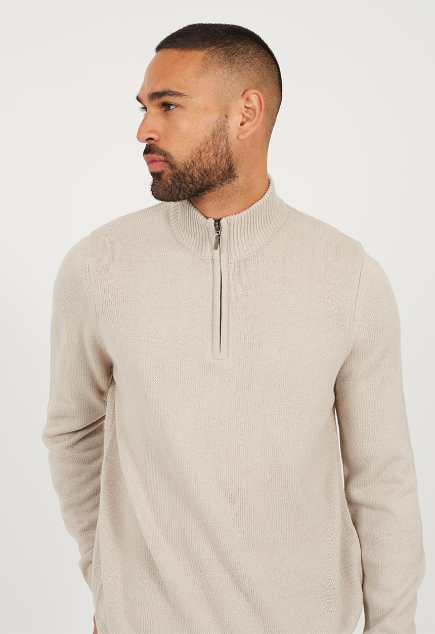 Brave Soul - Quarter Zip Funnel Neck Sweater - Stone