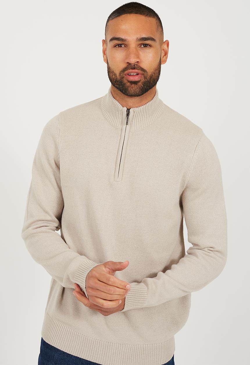 Brave Soul - Quarter Zip Funnel Neck Sweater - Stone