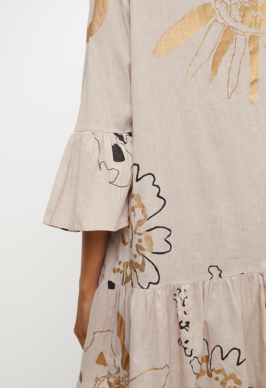 Stella Morgan - Half Sleeve Key Hole Printed Tiered Midi Dress With Crochet  - Pink
