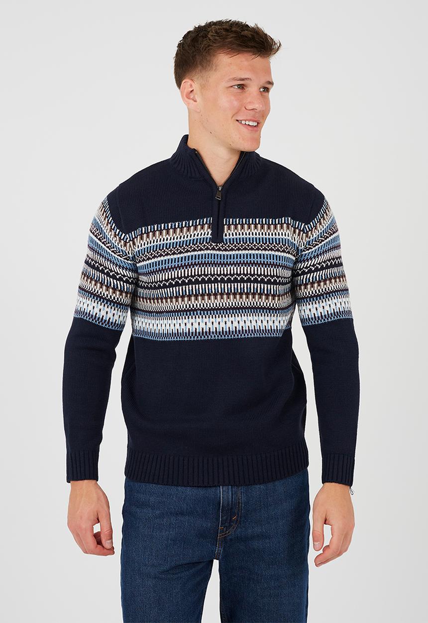 Brave Soul - Quarter Zip Funnel Neck Knitted Jumper - Midnight Navy