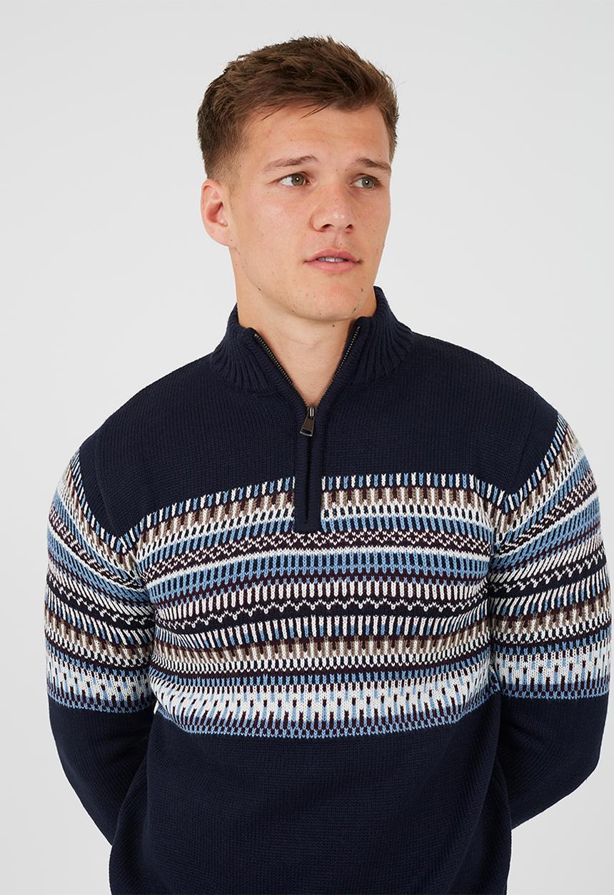 Brave Soul - Quarter Zip Funnel Neck Knitted Jumper - Midnight Navy