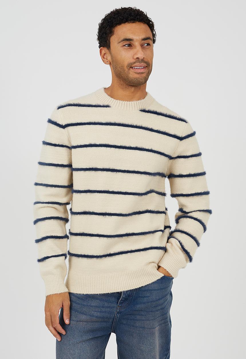 Brave Soul - Crew Neck Knitted Top - Ecru / Navy