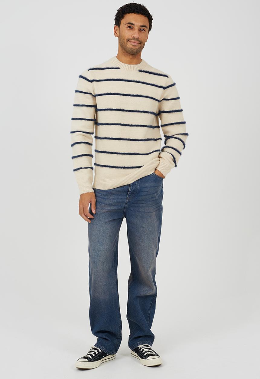 Brave Soul - Crew Neck Knitted Top - Ecru / Navy