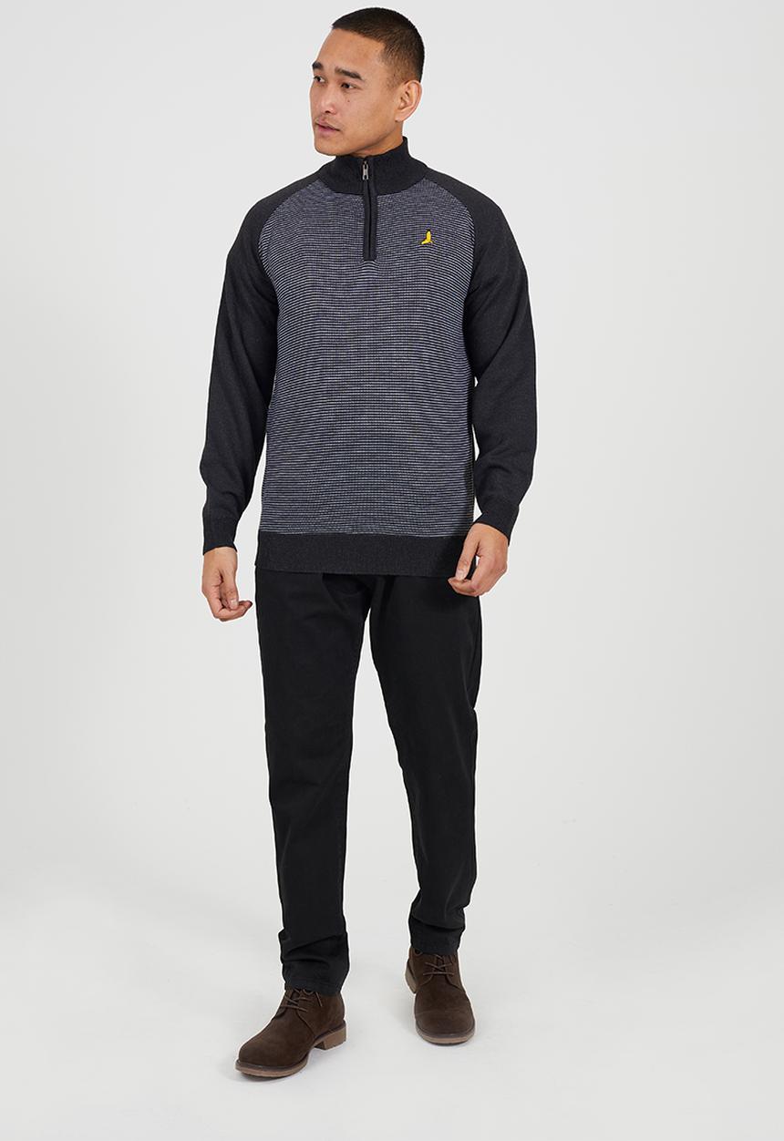 Brave Soul - 1/4 Concealed Zip Finnel Top - Dark Charcoal Marl / White