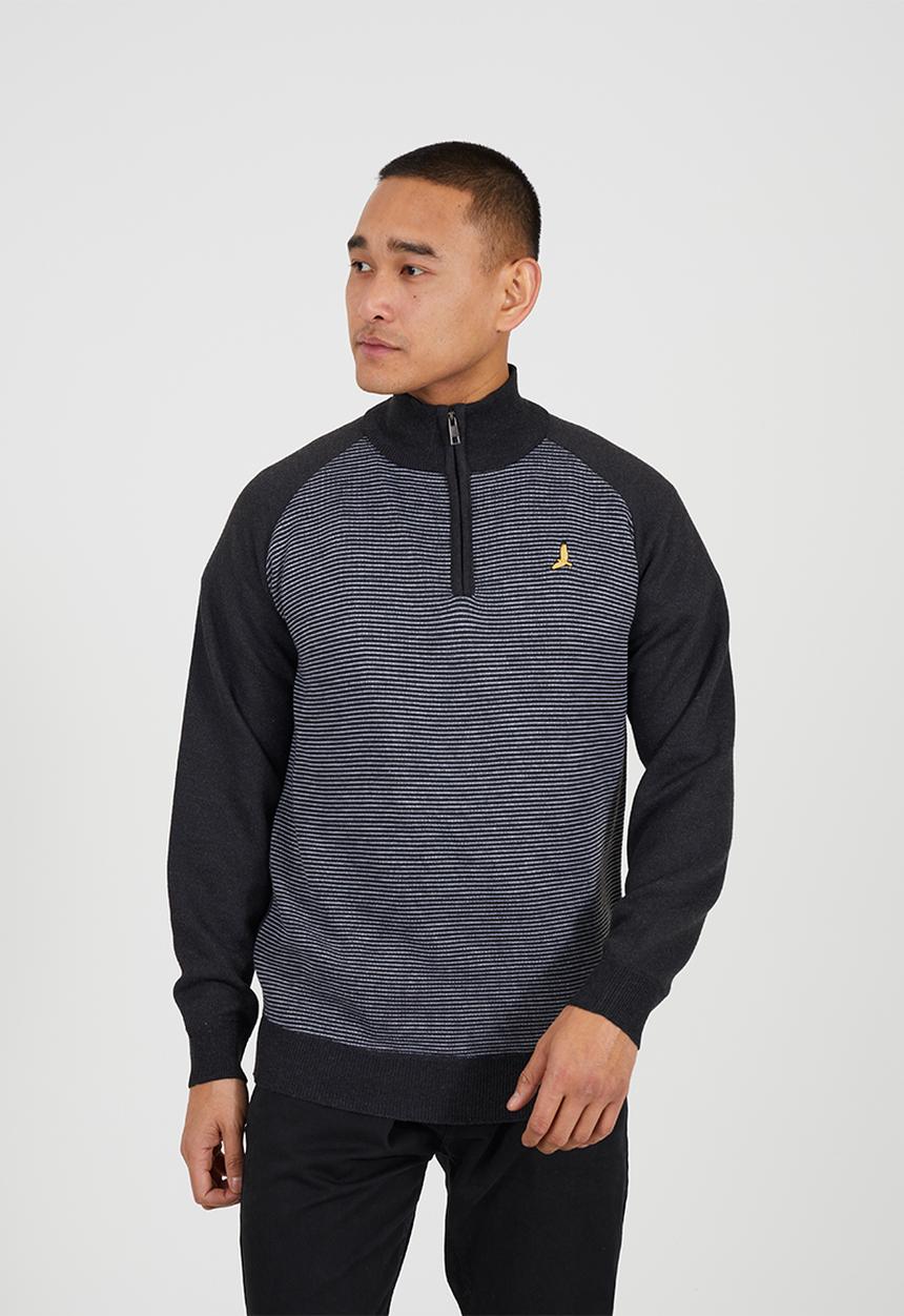 Brave Soul - 1/4 Concealed Zip Finnel Top - Dark Charcoal Marl / White