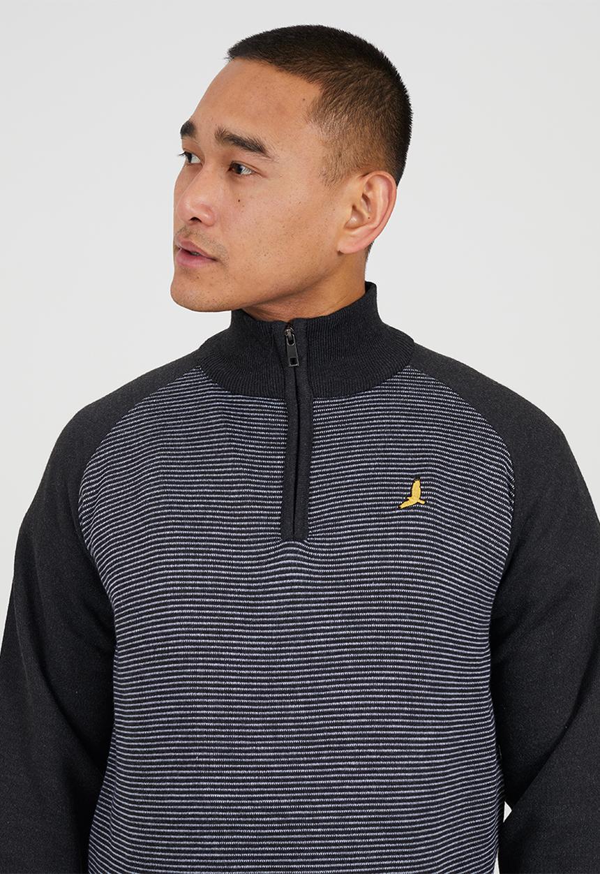 Brave Soul - 1/4 Concealed Zip Finnel Top - Dark Charcoal Marl / White