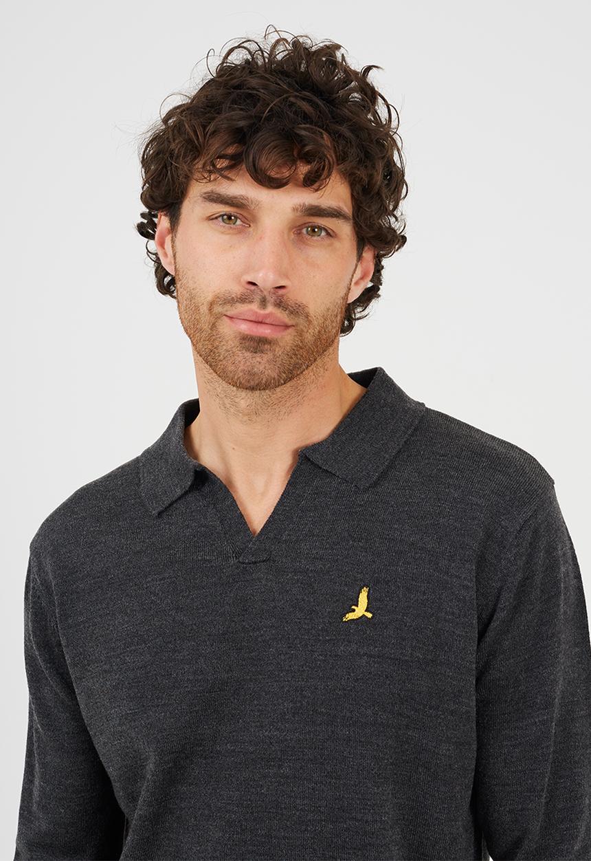 Brave Soul - A  Long Sleeve Trophy Neck Polo - Dark Charcoal Marl