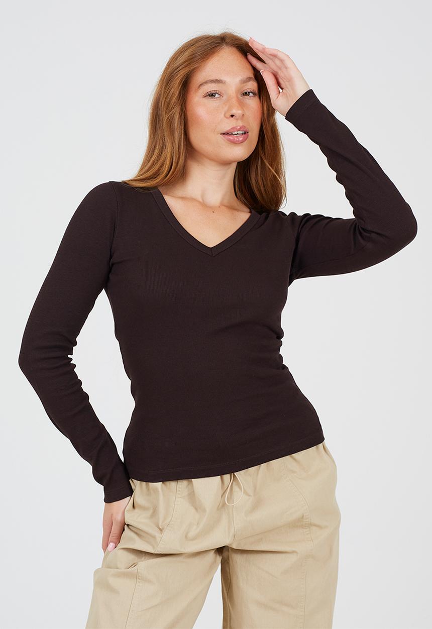 Brave Soul - Ladies Long Sleeve V-Neck Ribbed Top - Chocolate