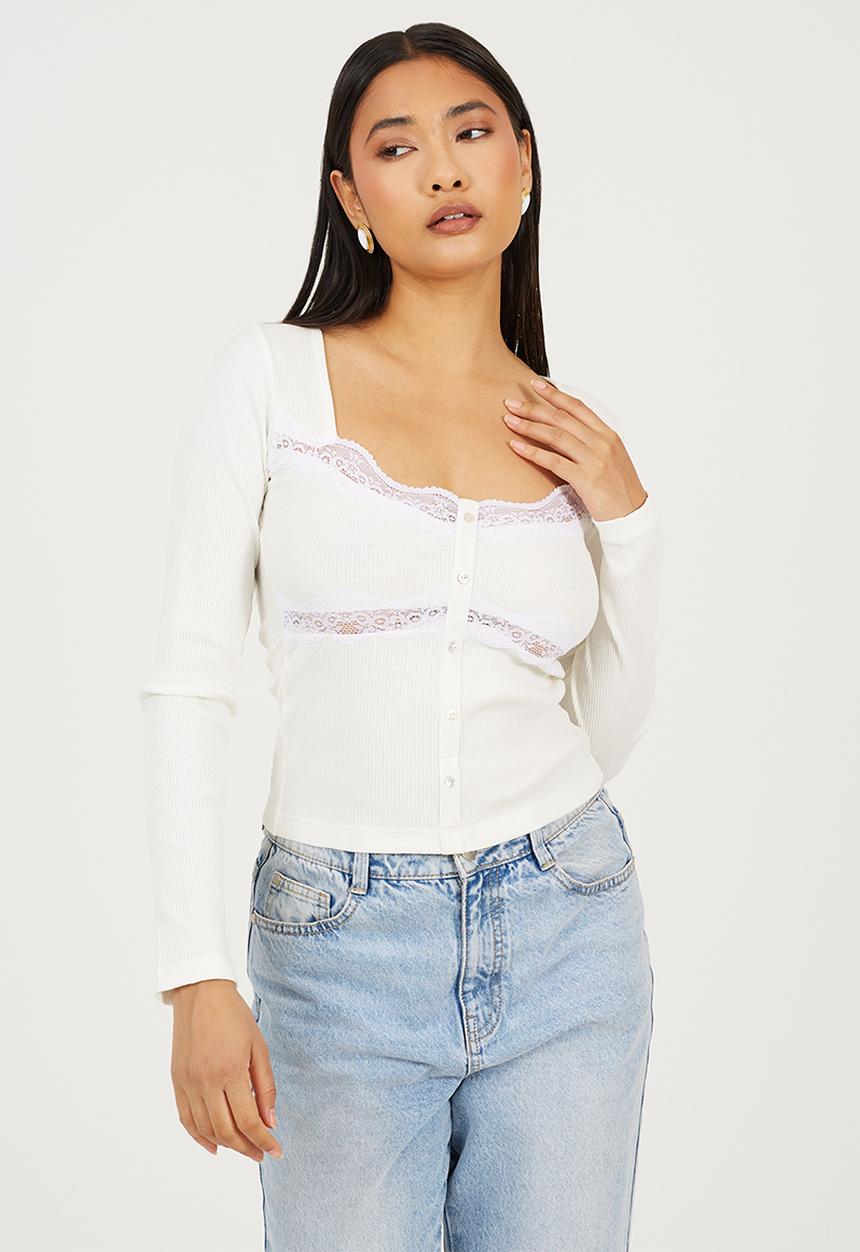 Brave Soul - Ladies Long Sleeve Ribbed Top - Cream