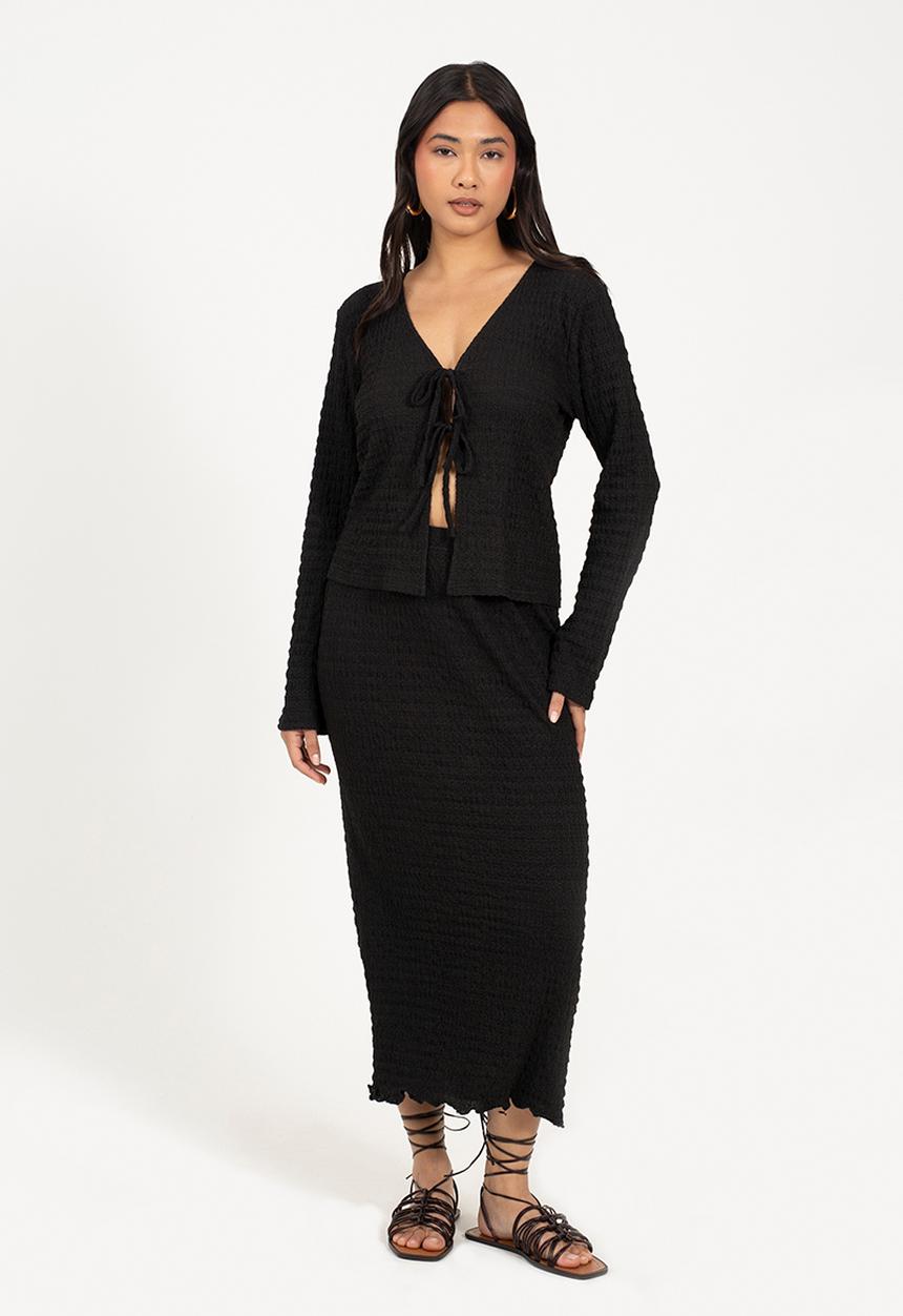 Brave Soul - Ladies Long Sleeve Tie Front Textured Jersey Top - Black