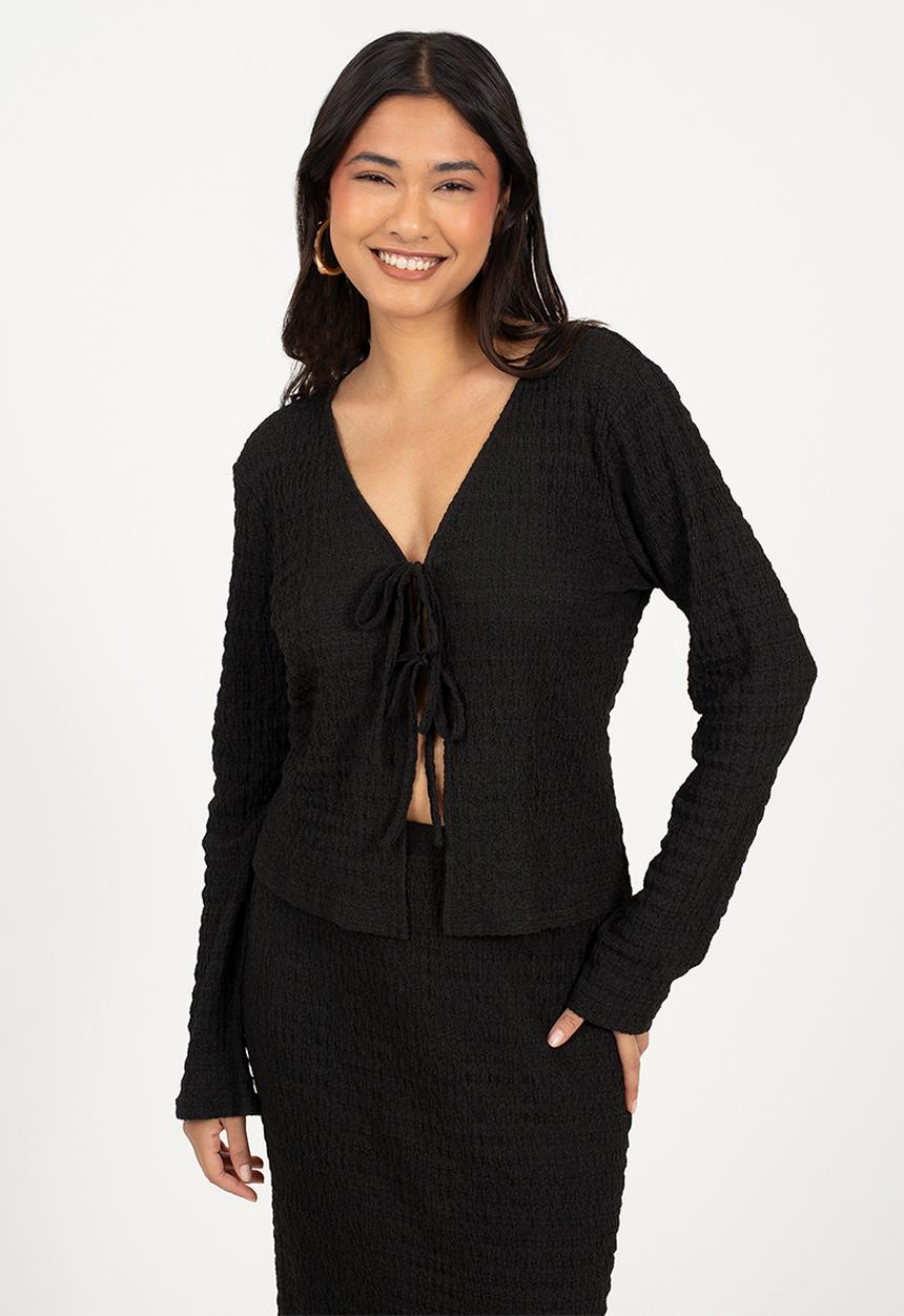 Brave Soul - Ladies Long Sleeve Tie Front Textured Jersey Top - Black
