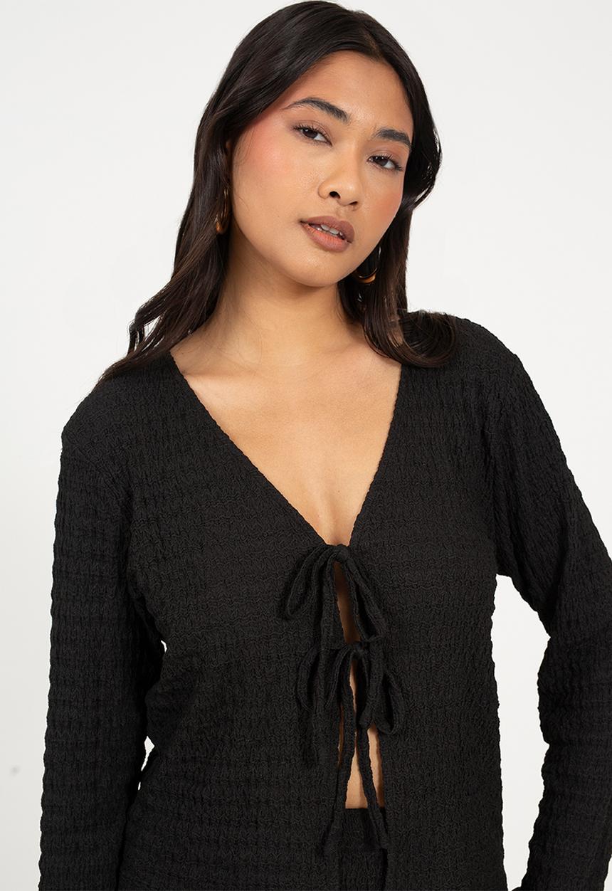 Brave Soul - Ladies Long Sleeve Tie Front Textured Jersey Top - Black