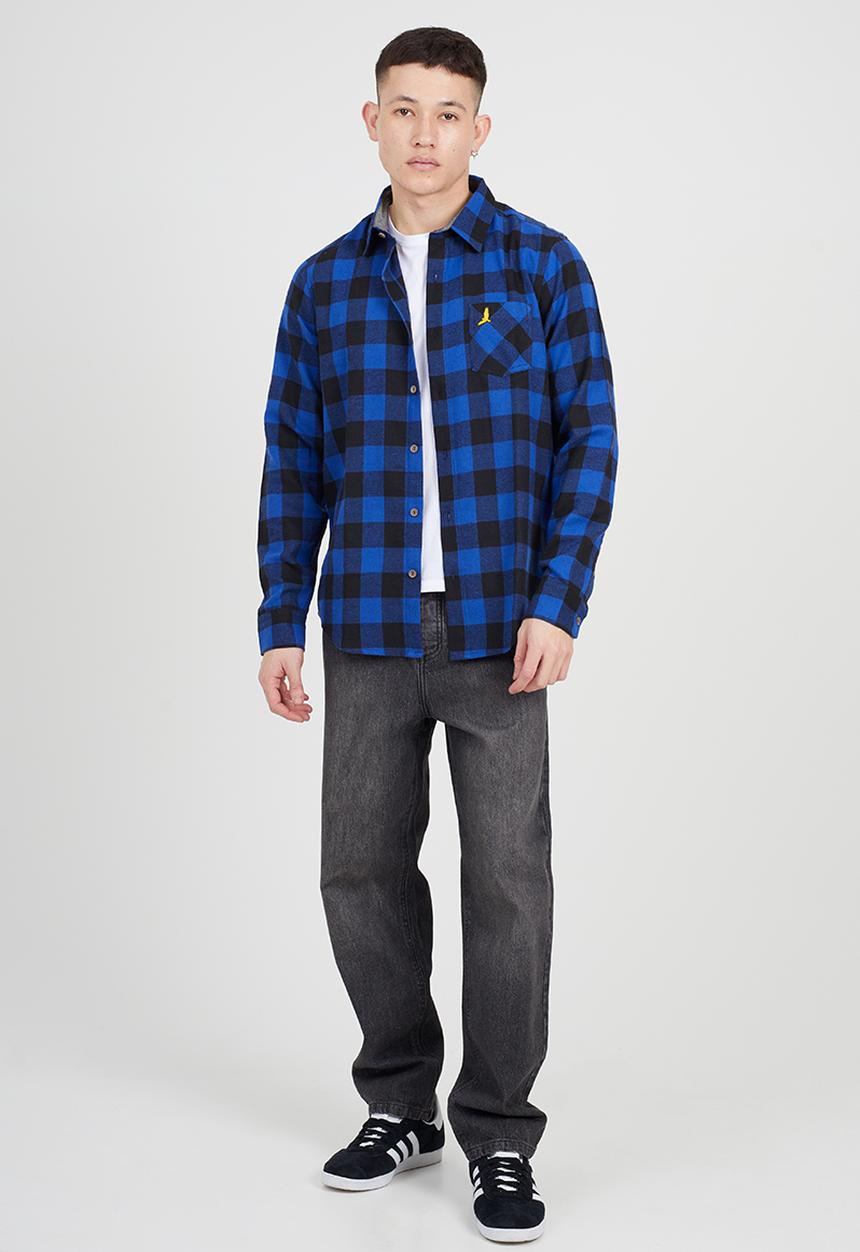 Brave Soul - Long Sleeve Shirt - Jet Black & Royal Check
