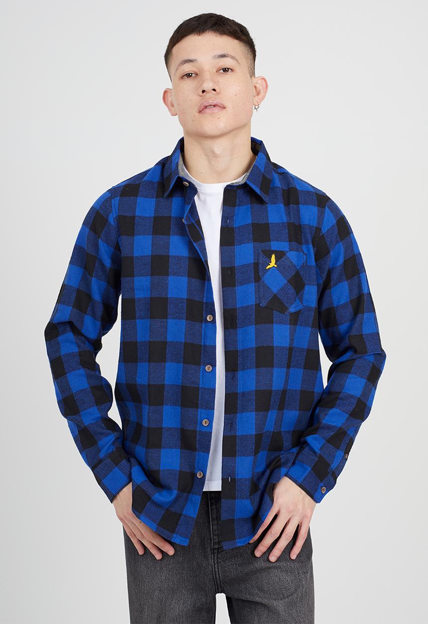 Brave Soul - Long Sleeve Shirt - Jet Black & Royal Check
