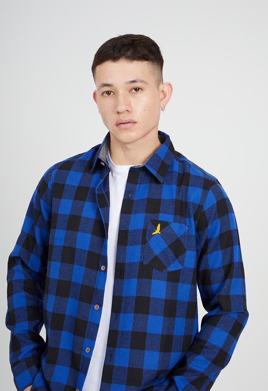 Brave Soul - Long Sleeve Shirt - Jet Black & Royal Check