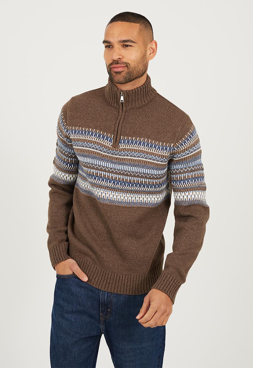 Brave Soul - Quarter Zip Funnel Neck Knitted Jumper - Brown Twist