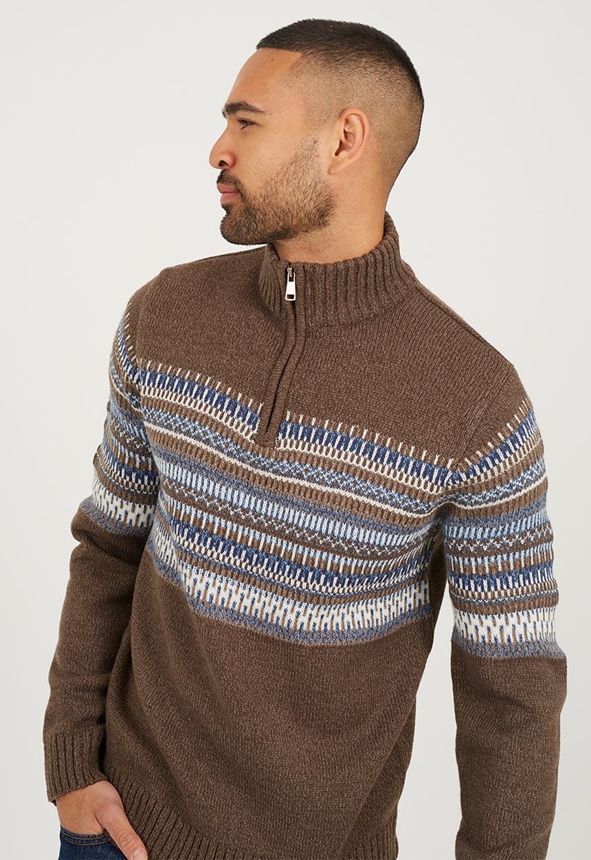 Brave Soul - Quarter Zip Funnel Neck Knitted Jumper - Brown Twist