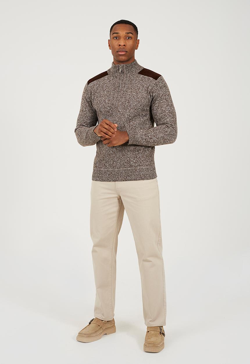Brave Soul - 1/4 Zip Through Funnel Neck Jumper-  Brown & White Twist / Brown Suede