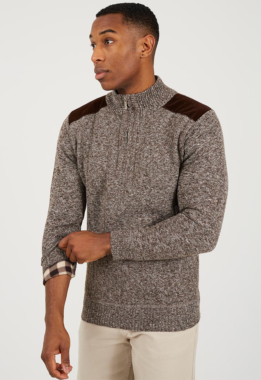 Brave Soul - 1/4 Zip Through Funnel Neck Jumper-  Brown & White Twist / Brown Suede