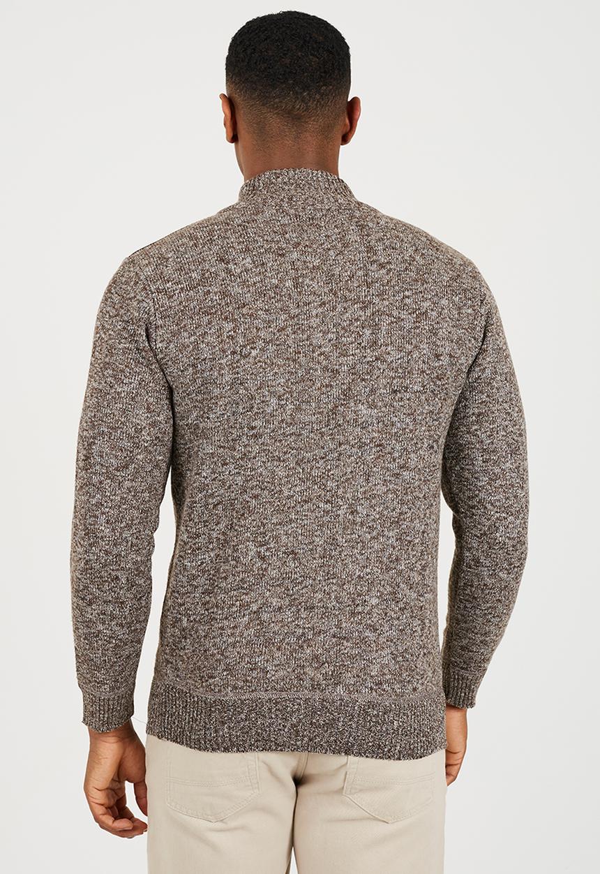 Brave Soul - 1/4 Zip Through Funnel Neck Jumper-  Brown & White Twist / Brown Suede