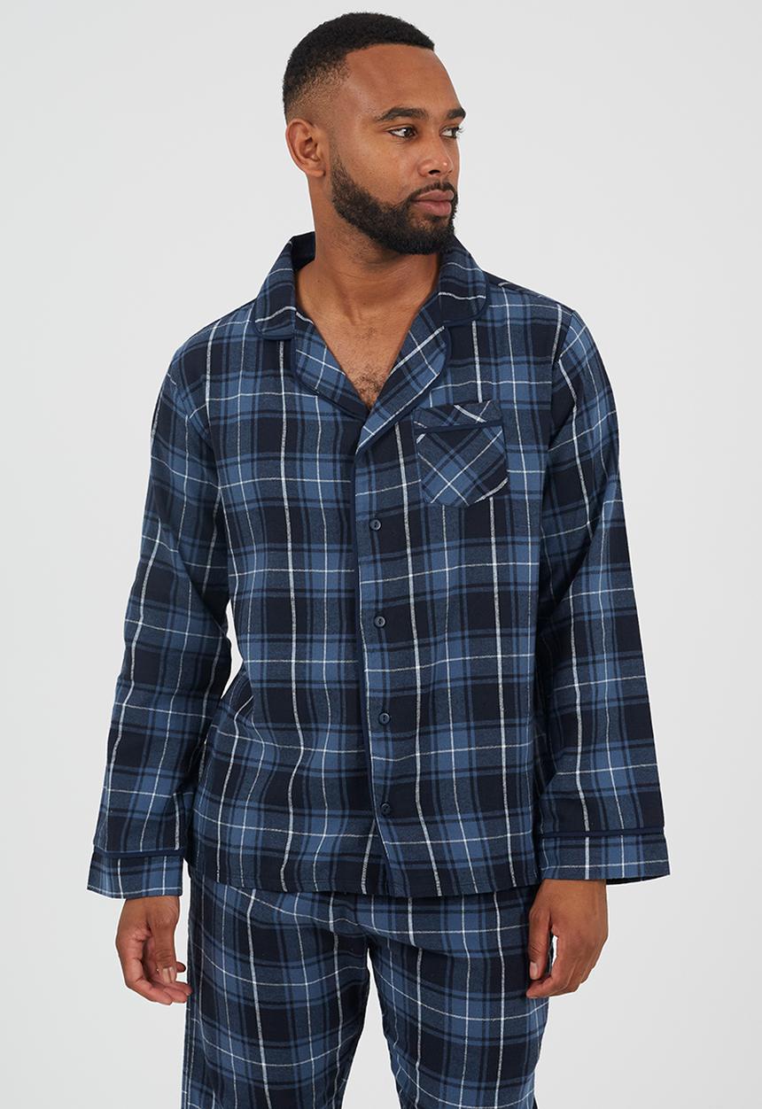 Brave Soul - Check Pj Set,Long Sleeve Collared Shirt And Matching Bottoms - Navy Check