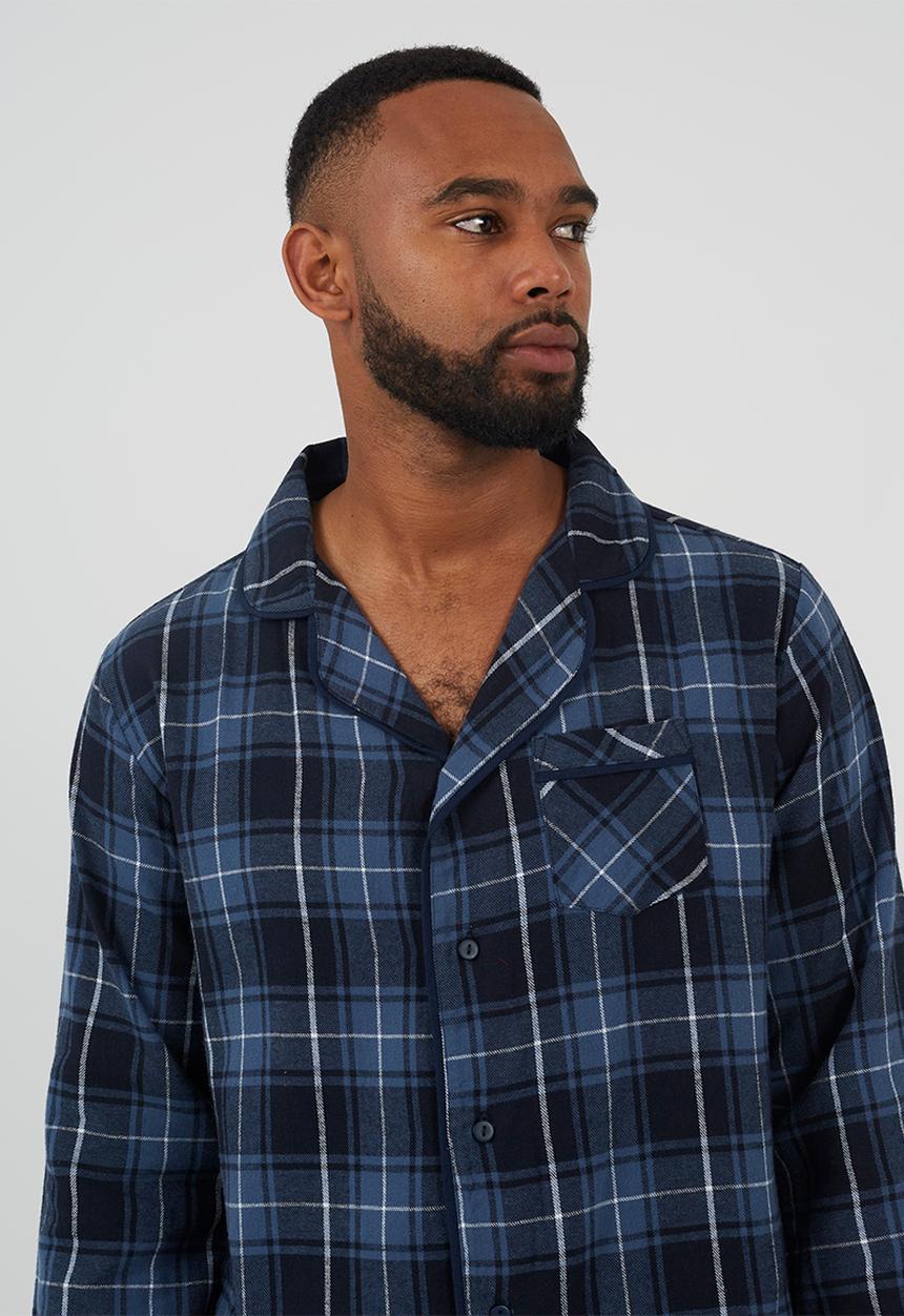 Brave Soul - Check Pj Set,Long Sleeve Collared Shirt And Matching Bottoms - Navy Check