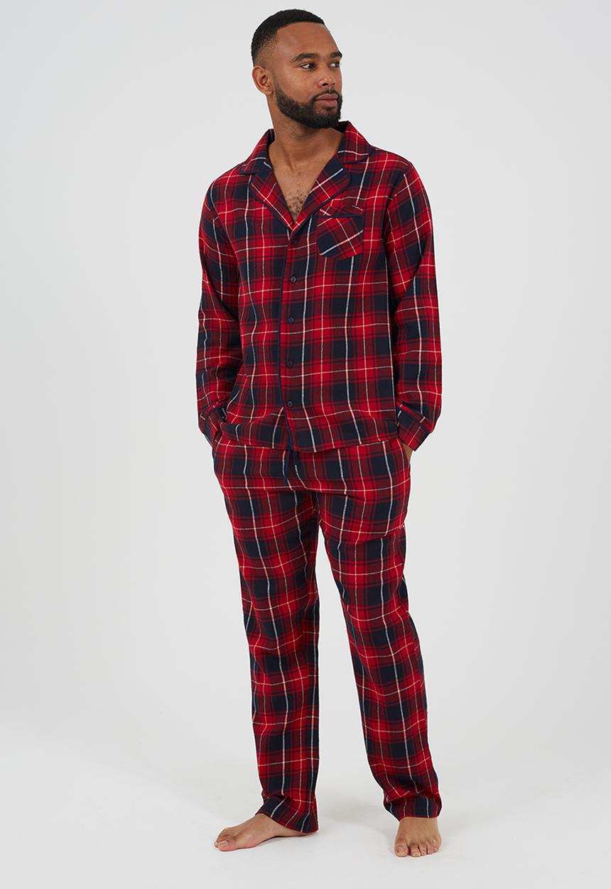 Brave Soul - Check Pj Set, Long Sleeve Collared Shirt And Matching Bottoms - Red/Navy Check
