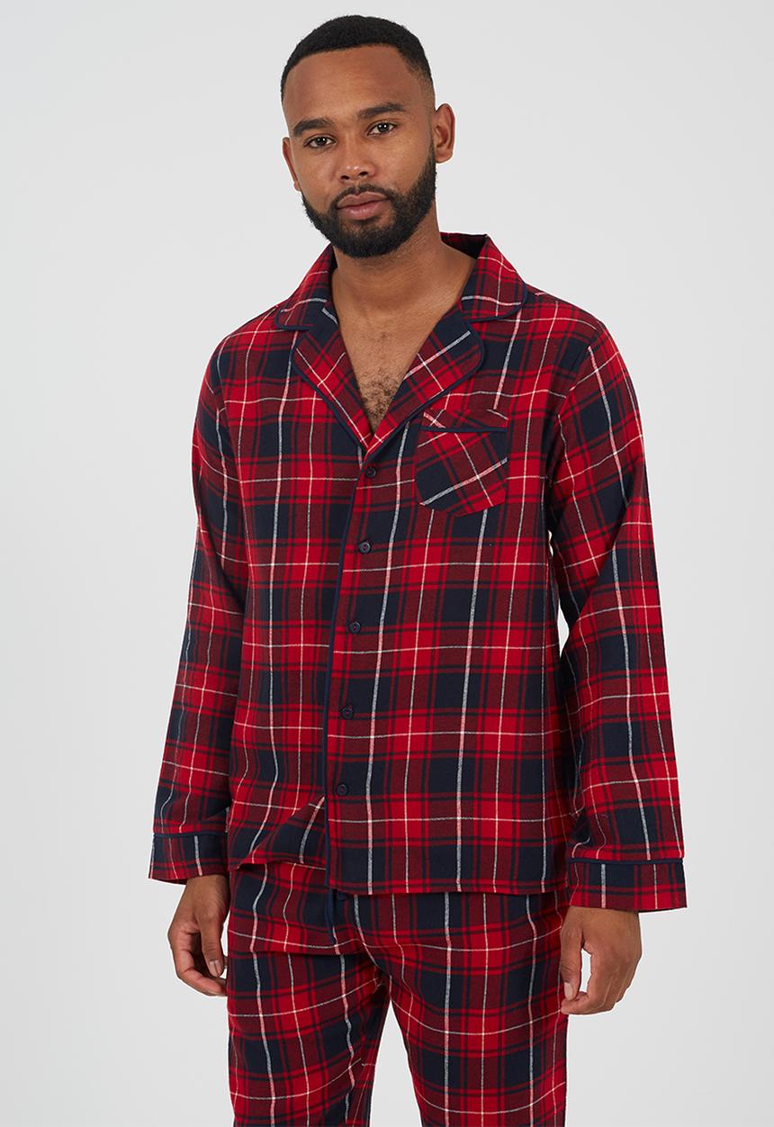 Brave Soul - Check Pj Set, Long Sleeve Collared Shirt And Matching Bottoms - Red/Navy Check