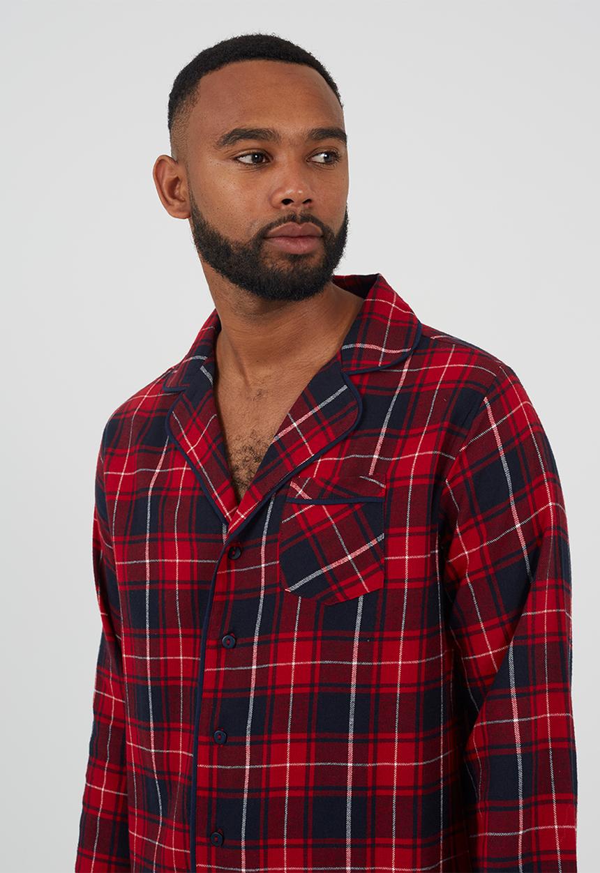 Brave Soul - Check Pj Set, Long Sleeve Collared Shirt And Matching Bottoms - Red/Navy Check