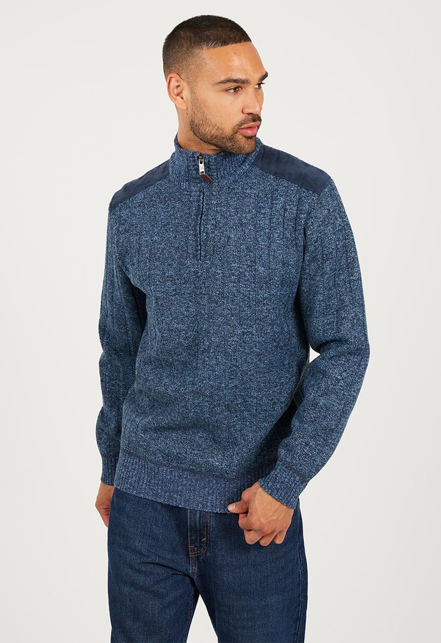 Brave Soul - 1/4 Zip Through Funnel Neck Jumper - Midnight Navy & White Twist / Midnight Navy Suede