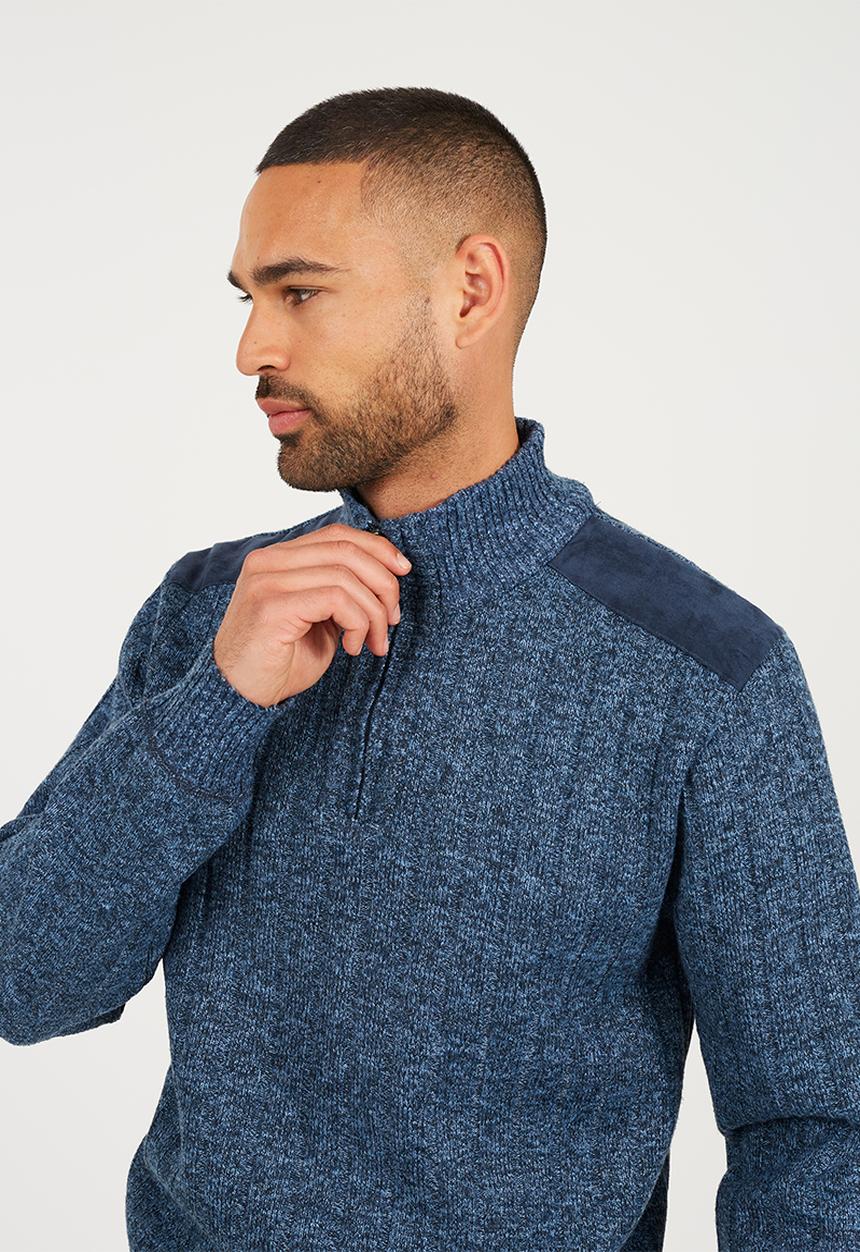 Brave Soul - 1/4 Zip Through Funnel Neck Jumper - Midnight Navy & White Twist / Midnight Navy Suede
