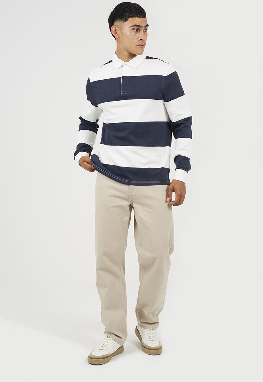 Brave Soul - Long Sleeved Rugby Shirt - Cream/Navy