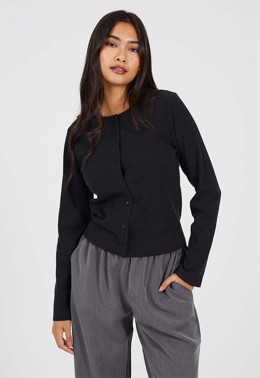 Brave Soul - Ladies Ribbed Button Down Long Sleeve Top - Charcoal Marl