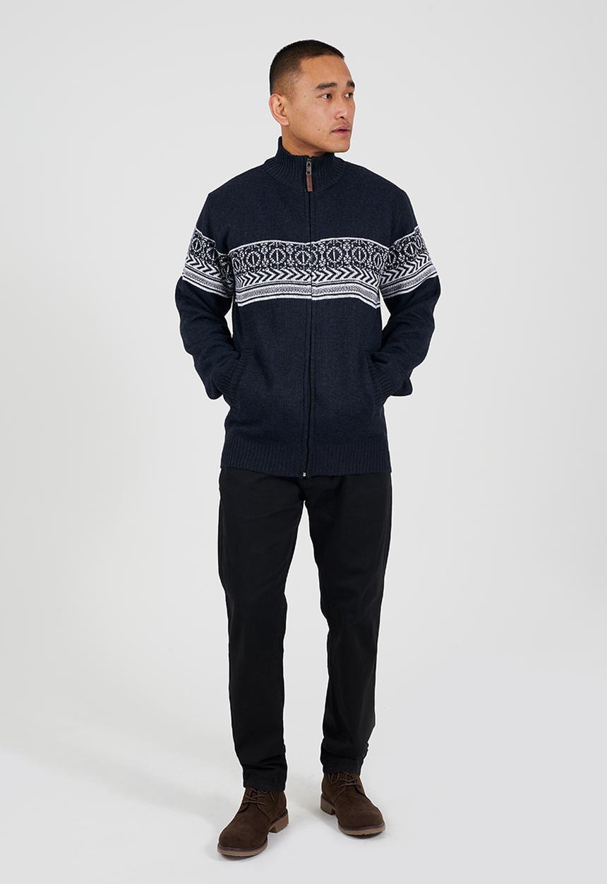 Brave Soul - Full Zip Through Funnel Neck Jumper - Midnight Navy & Denim Blue Twist / Ecru