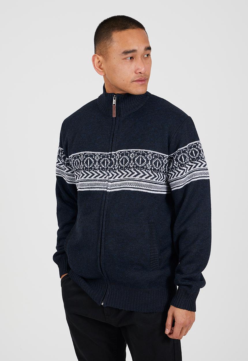 Brave Soul - Full Zip Through Funnel Neck Jumper - Midnight Navy & Denim Blue Twist / Ecru