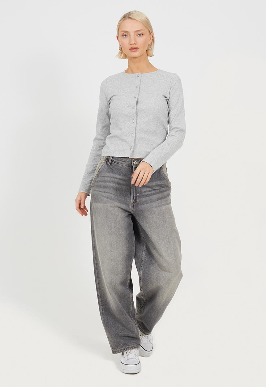 Brave Soul - Ladies Ribbed Button Down Long Sleeve Top - Grey Marl