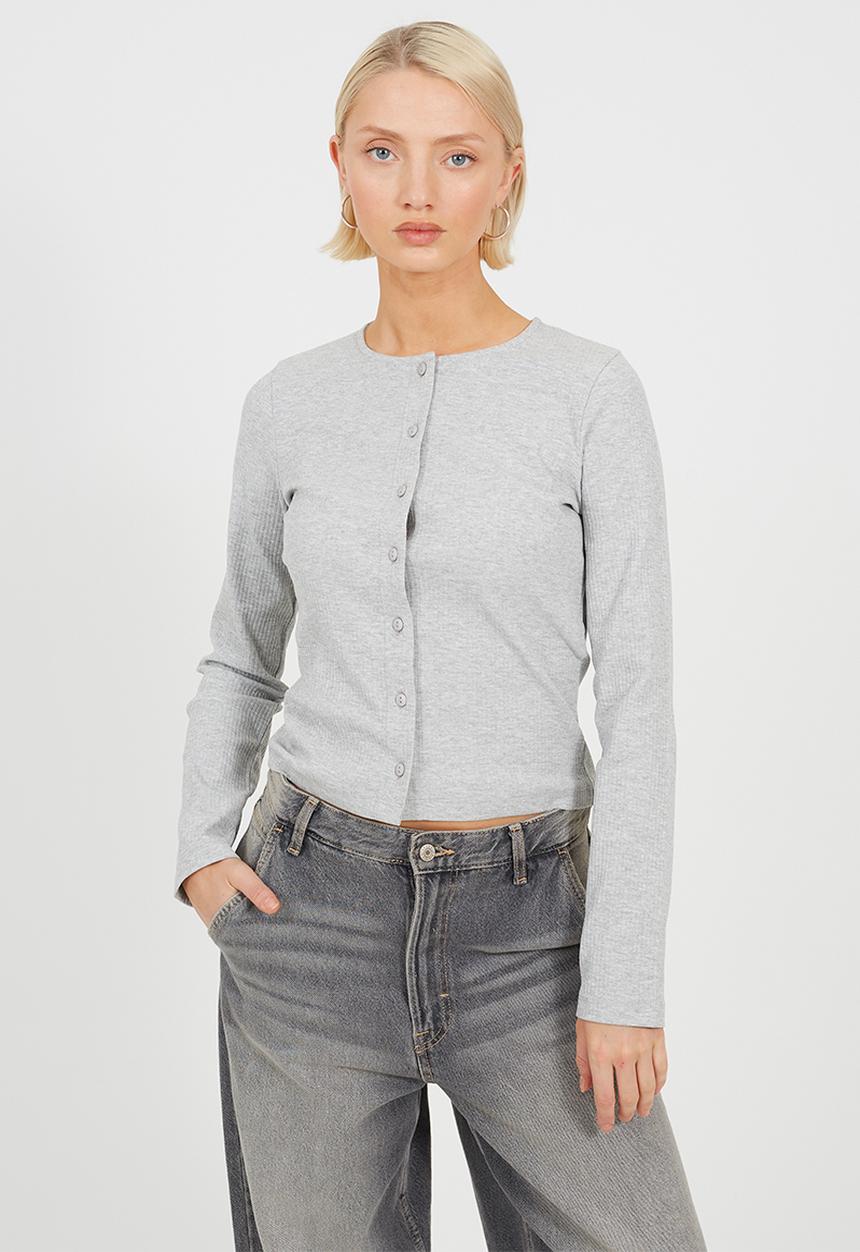 Brave Soul - Ladies Ribbed Button Down Long Sleeve Top - Grey Marl