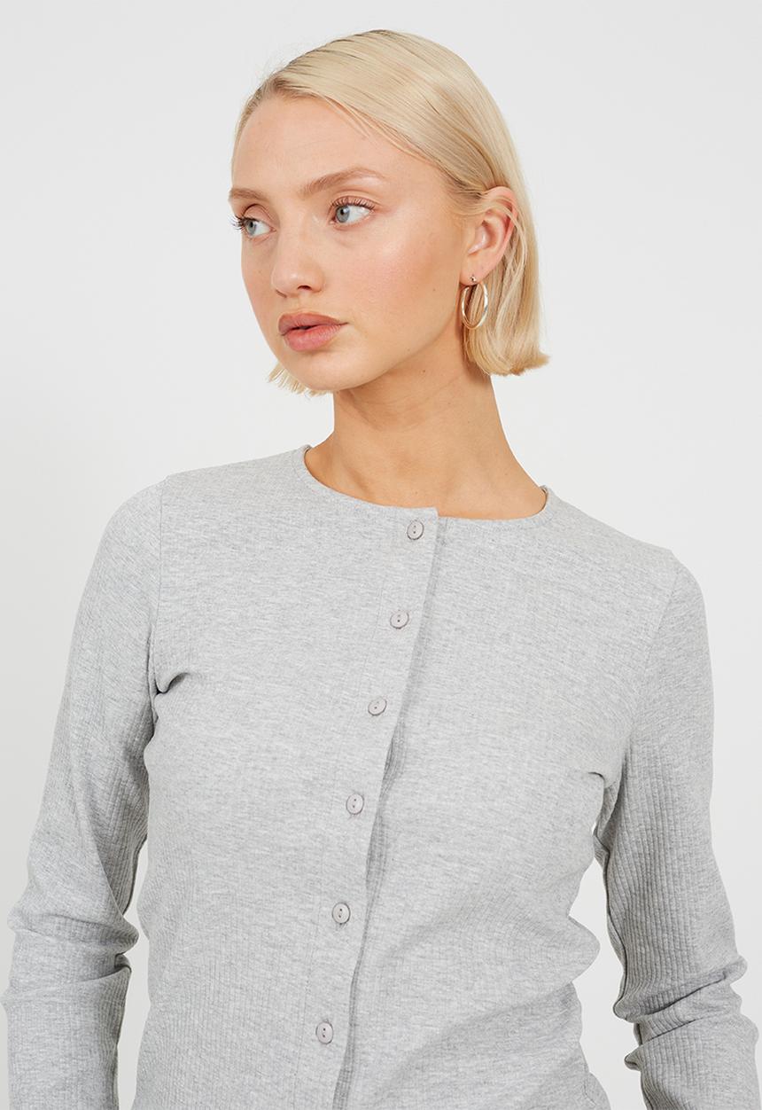 Brave Soul - Ladies Ribbed Button Down Long Sleeve Top - Grey Marl