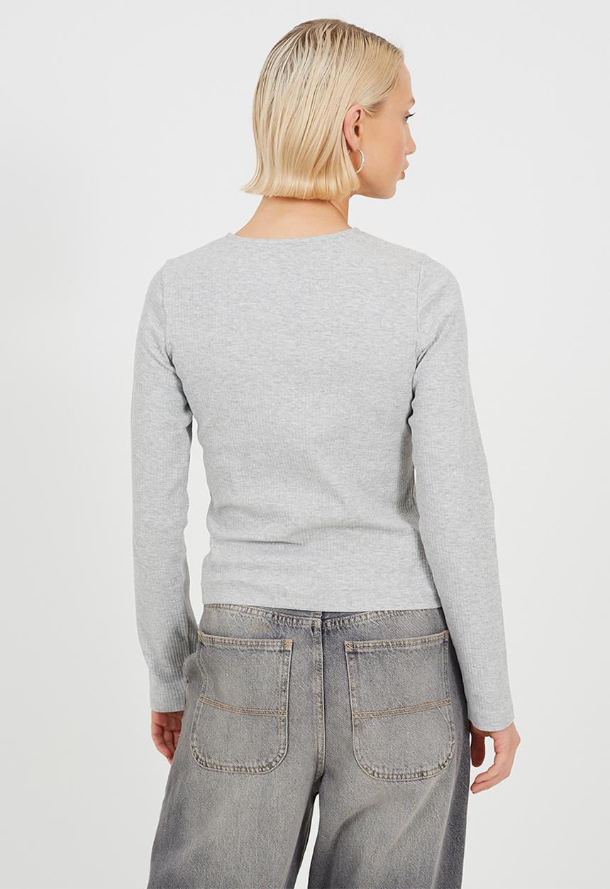 Brave Soul - Ladies Ribbed Button Down Long Sleeve Top - Grey Marl
