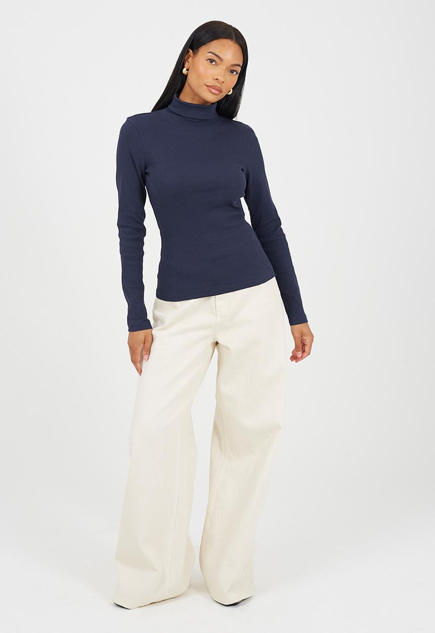 Brave Soul - Ladies Rib Roll Neck Long Sleeve Top - Dark Navy