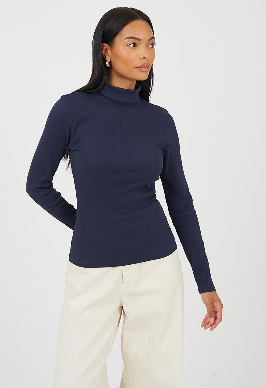 Brave Soul - Ladies Rib Roll Neck Long Sleeve Top - Dark Navy