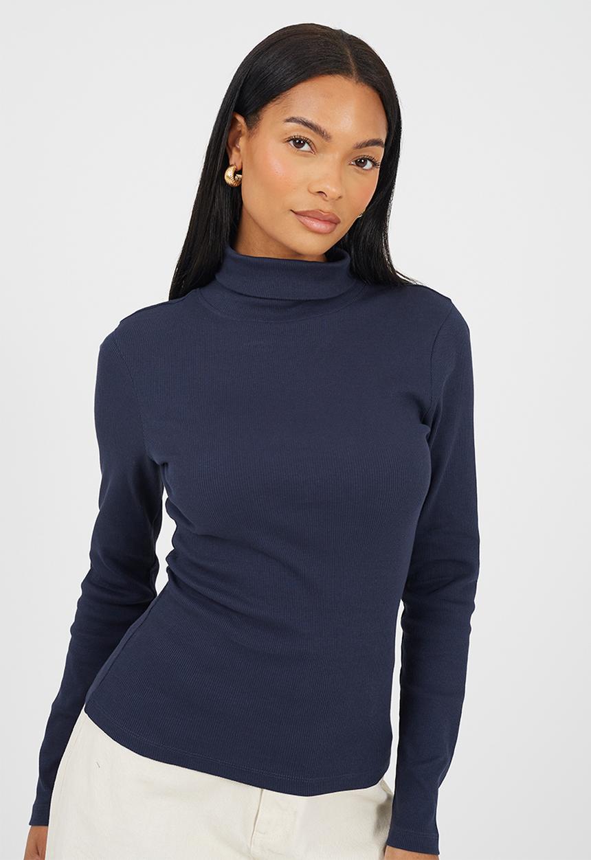 Brave Soul - Ladies Rib Roll Neck Long Sleeve Top - Dark Navy