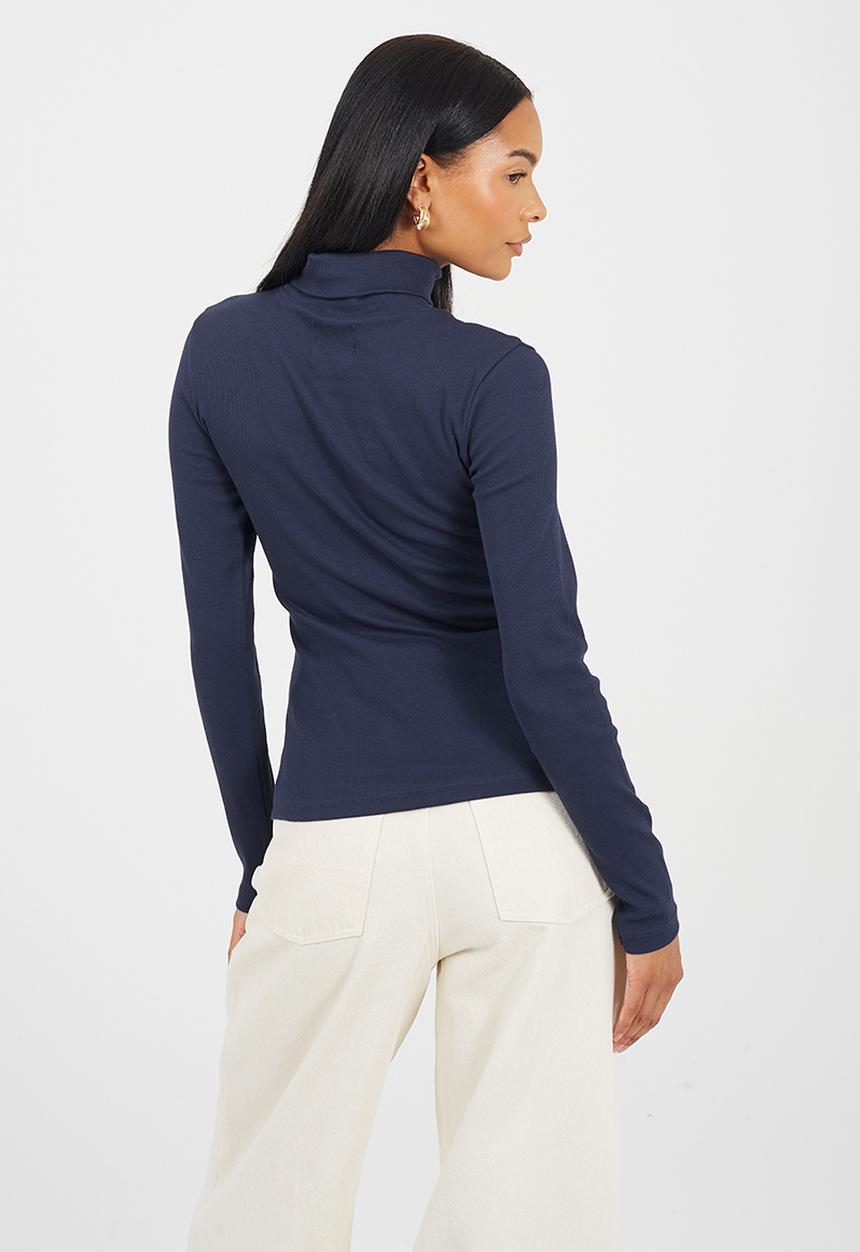 Brave Soul - Ladies Rib Roll Neck Long Sleeve Top - Dark Navy