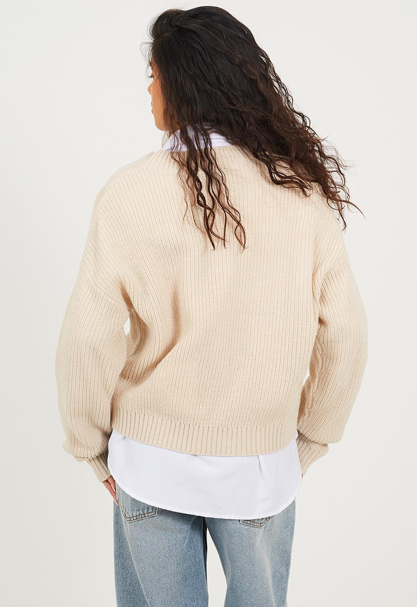 Brave Soul - Ladies Deep V Neck Fisherman Knit Jumper - Oatmeal